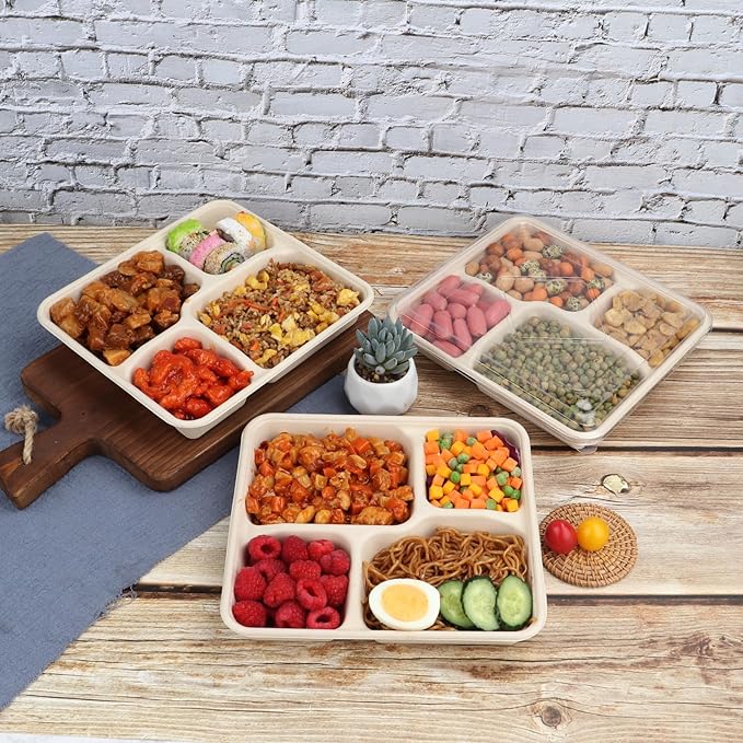 37 OZ Sugarcane Fiber 4 Compartments disposable plates with Lids Bagasse Plant Fibers Freezer Safe 25 PACK