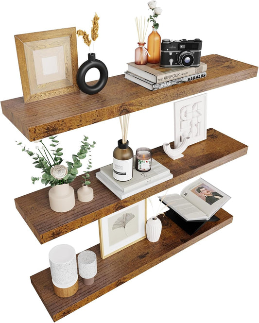 Colima Floating Shelves for Wall Brown Wood Shelf for Bedroom, 36 Inch Wall Mounted Floating Shelves for Bathroom Living Room Kitchen Office, 1.3" Thick Floating Book Shelves Set of 3