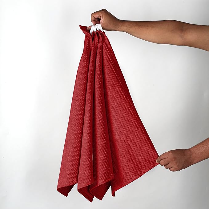 Red Waffle Kitchen Towels, 16x26 Inch, Absorbent, Soft, 100% Cotton, Quick Drying, Reusable, Machine Washable, Perfect for Kitchen Cleaning, Multipurpose Towel for Everyday Use, 4 Pack