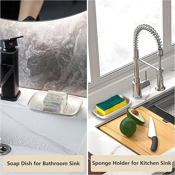 Gomakren Soap Dish for Shower, Bar Soap Holder, Ceramic Soap Dishes for Bar Soap, Sponge Holder Soap Saver Soap Tray for Bathroom Kitchen Sink, 5.5 Inch, Beige