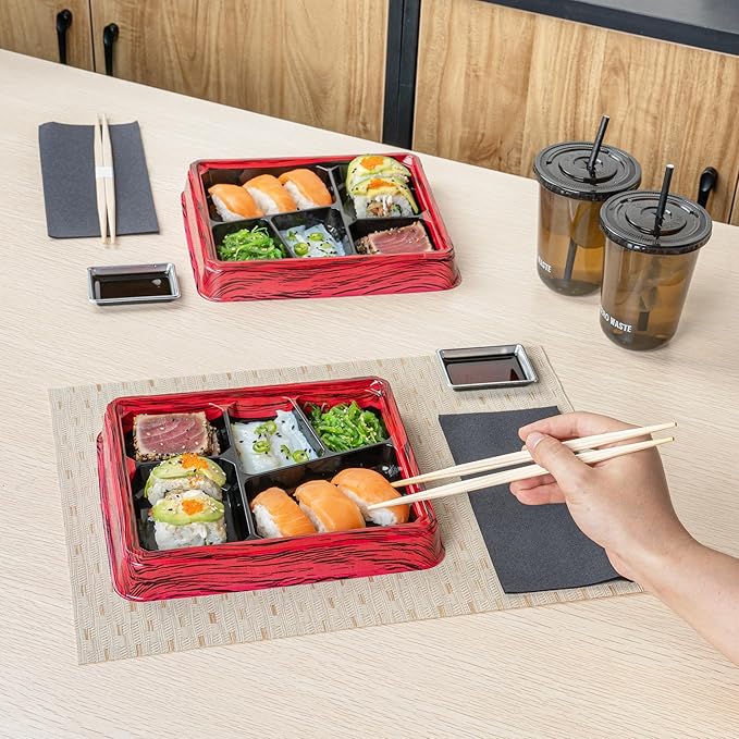 Restaurantware-Bento Tek 18.3 Ounce Meal Prep Containers, 50 Disposable To Go Food Boxes - Lids Sold Separately, 5 Compartments, Red And Black Plastic Bento Lunch Boxes, Freezable, For Take Out
