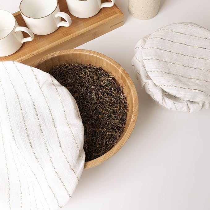 100% Linen Stripe Bowl Covers Reusable For Bread Proofing, 4 Pcs Elastic Cloth Fabric Bowl Covers, 5.9 * 7.9 * 9.8 * 11.8 Inches, White