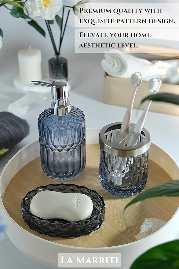 Blue Bathroom Accessories Set, 4Pcs Clear Glass Bathroom Accessories, Lotion Soap Dispenser Set, Toothbrush Holder, Qtips Holder, Soap Dish for Crystal Modern Bath Decor, Vintage Gift Set
