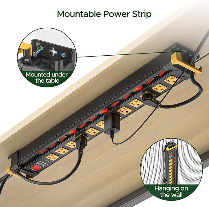 12 Outlet Long Heavy Duty Power Strip with Individual Switches,3300J Surge Protector Metal Power Strip,Wide Spaced,6Ft Cord Managment,ETL Listed(15A/1875W)