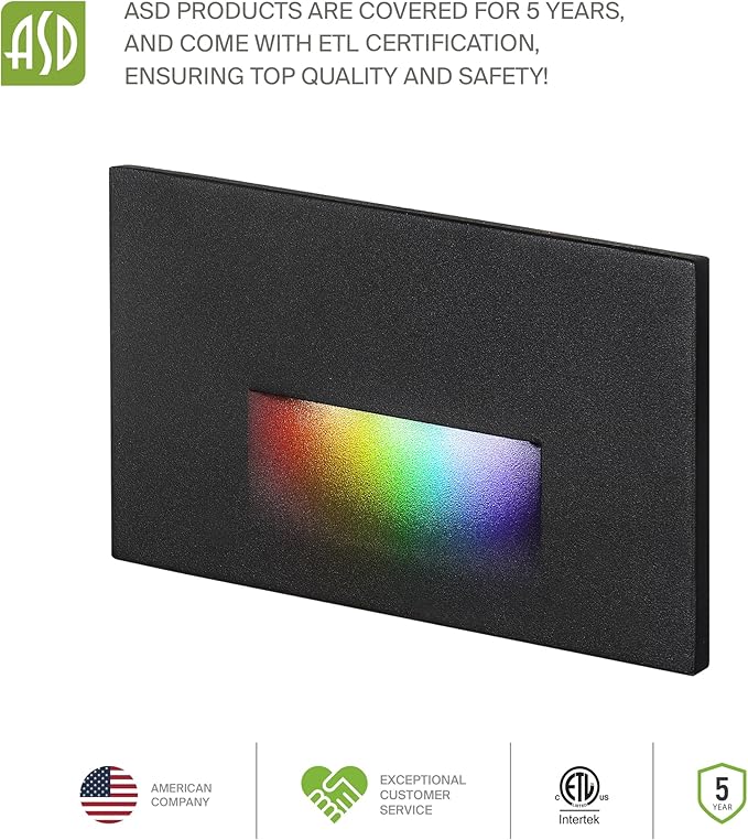 ASD LED Recessed Step Light Fixture, Outdoor & Indoor Stair Tread Lighting | RGBW, Smart, Waterproof, ETL Listed | 3W 60LM RGB-2700K-6500K 120V | Staircase Hardwired Illumination | Black, 6 Pack