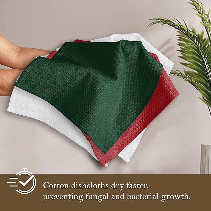 Waffle Dishcloths, 12x12 Inch, Soft, Absorbent, Cotton, Reusable, Quick Drying, Machine Washable, Ideal for Drying Dishes, Cleaning, Multipurpose Use, 12 Pack, Olive Green, White, Red