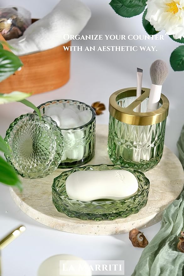 4pcs Green Bathroom Accessories Set, Crystal Glass Bathroom Accessories, Lotion Soap Dispenser, Toothbrush Holder, Soap Dish, Qtips Holder Set for Vintage Bathroom Countertop Decor