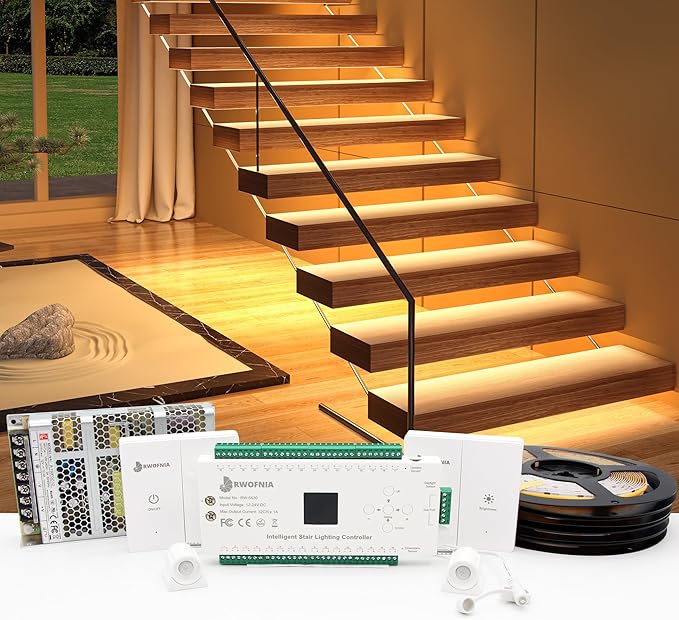 RW-5630 Motion-Activated LED Stair Lighting Kit with Daylight Sensor, 48" Warm White 3000K Cuttable Strip Light for Indoor LED Stair Lights (20 Steps)