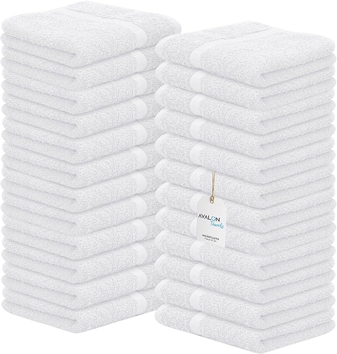 Avalon Towels Cotton Washcloths – (Pack of 24) Size 12x12 Inches, 100% Ring Spun Cotton, Soft & Absorbent Face Towels, Gym Towels, Hotel and Spa Quality, Reusable Fingertip Towels (White)