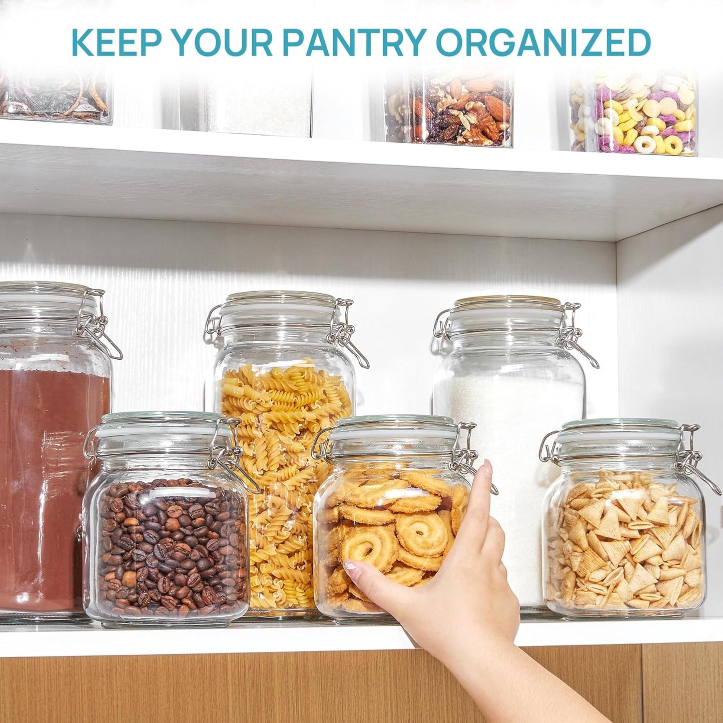 Vtopmart 78oz Glass Food Storage Jars with Airtight Clamp Lids, 3 Pack Large Kitchen Canisters for Flour, Cereal, Coffee, Pasta and Canning, Square Mason Jar with 8 Chalkboard Labels