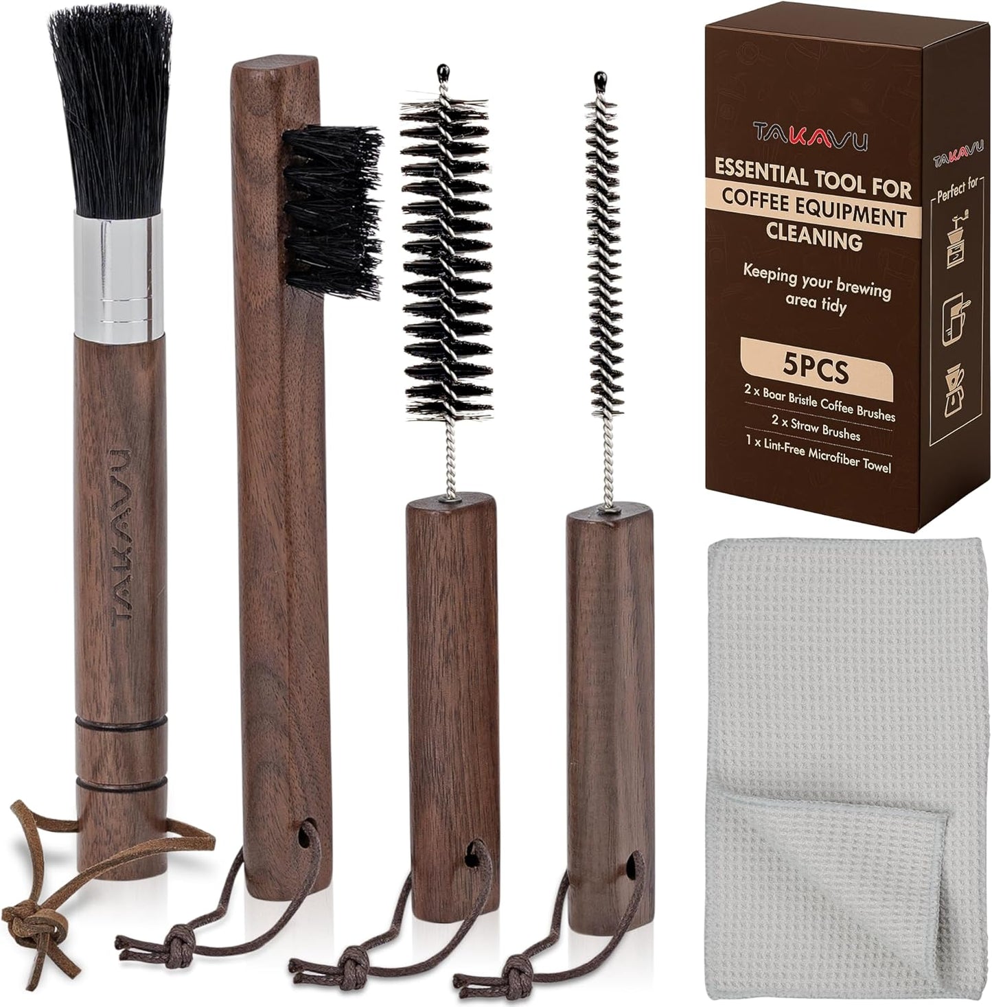 Takavu Coffee Grinder Cleaning Kit – 5pcs Boar Bristle Grinder Brush, Detail Scrub Brush, Steam Wand Brushes & Microfiber Towel for Espresso Machine Coffee Maker Pour Over