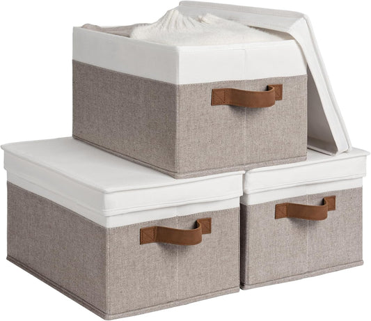StorageWorks Large Storage Bins with Lids, Decorative Storage Boxes with Lid and PU Handles, Foldable Storage Baskets for Closet, Shelves, Stackable, Brown and White, 3-Pack