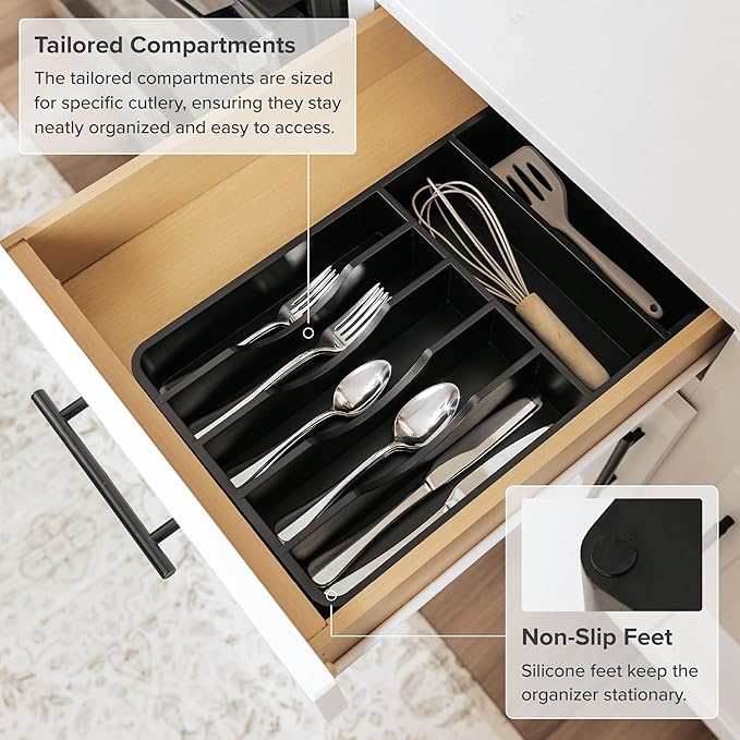 Silverware Organizer - Cutlery, Flatware, and Utensil Holder for Kitchen Drawers, Fixed 10.5” Width, 7 Storage Compartments, Non-Slip Feet, Rounded Corners, 100% Bamboo, Black Finish
