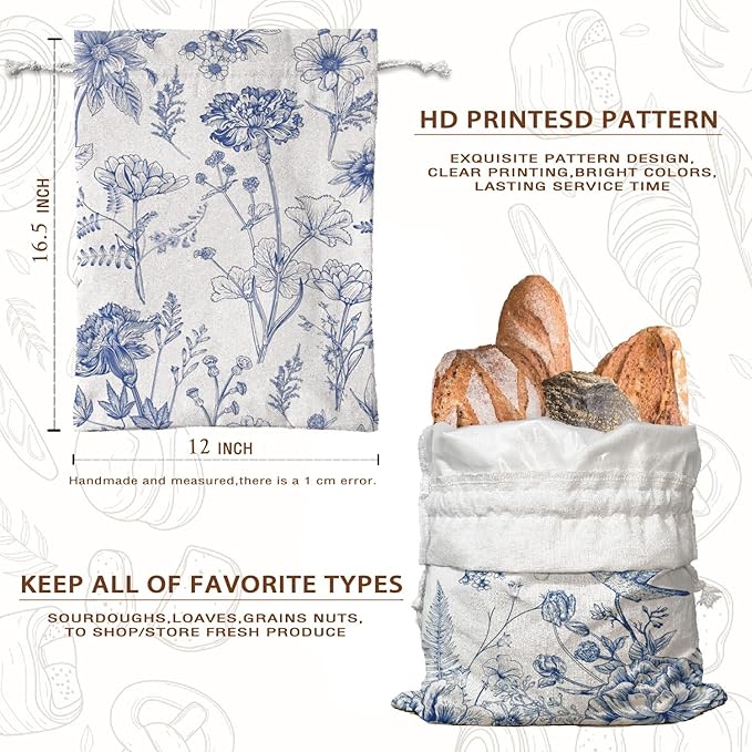 UTELKA Chinoiserie Beeswax Bread Bag Linen Bread Bags for Sourdough Bread 2Pcs, Reusable Homemade Bread Bags for Flroal Baker Gifts for Women Kitchen Housewarming Gifts 16.5×12