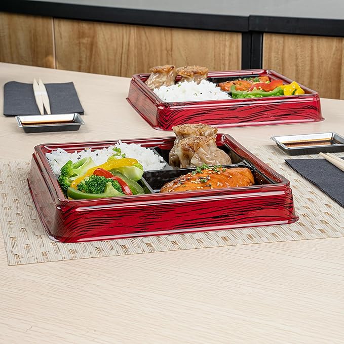 Restaurantware-Bento Tek 17.9 Ounce Meal Prep Containers, 100 Disposable To Go Food Boxes - Lids Sold Separately, 4 Compartments, Red And Black Plastic Bento Lunch Boxes, Freezable, For Take Out