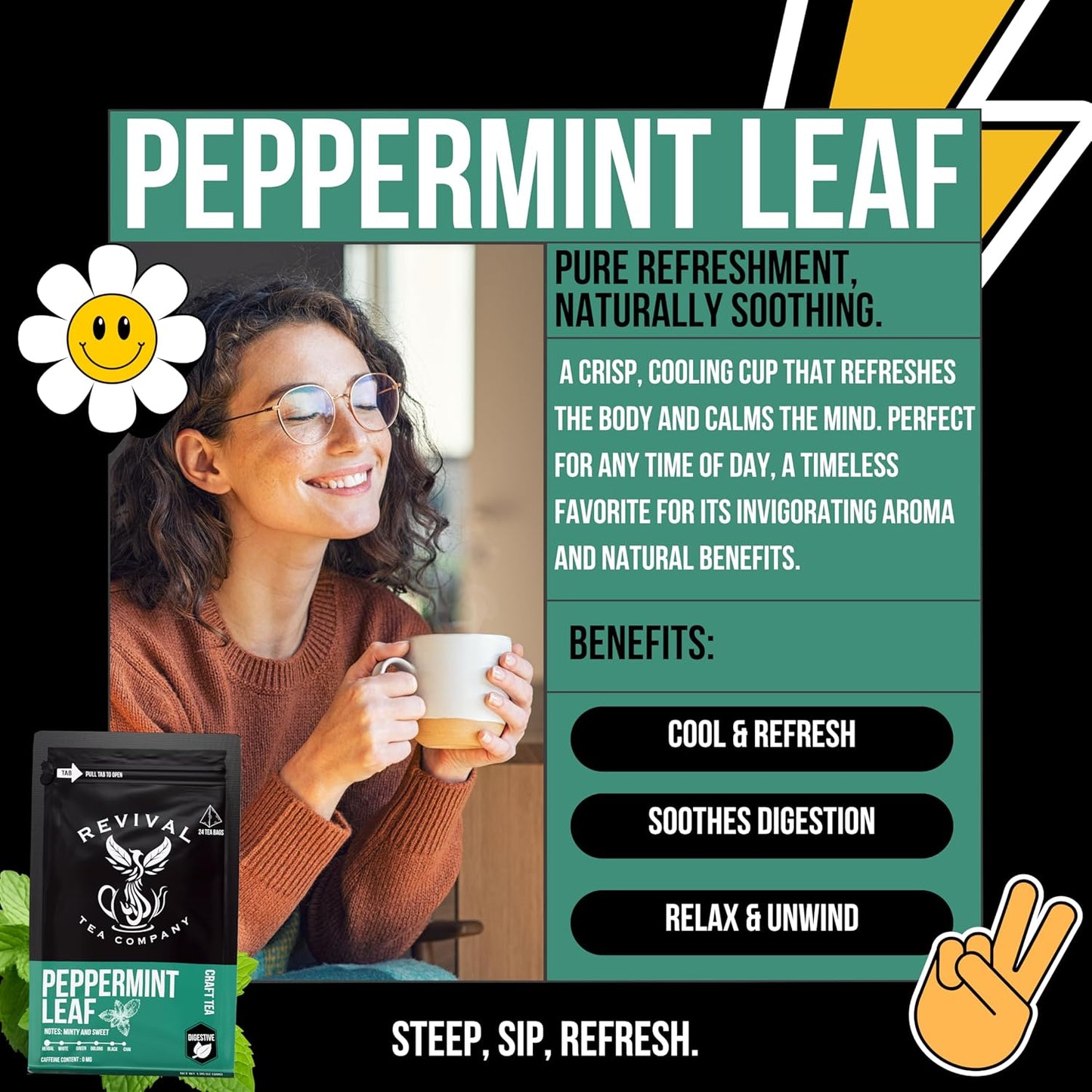 Revival Tea Company Peppermint Tea - Herbal Tea made from 100% Peppermint Leaf - Caffeine Free - Loose Leaf 3 Ounces