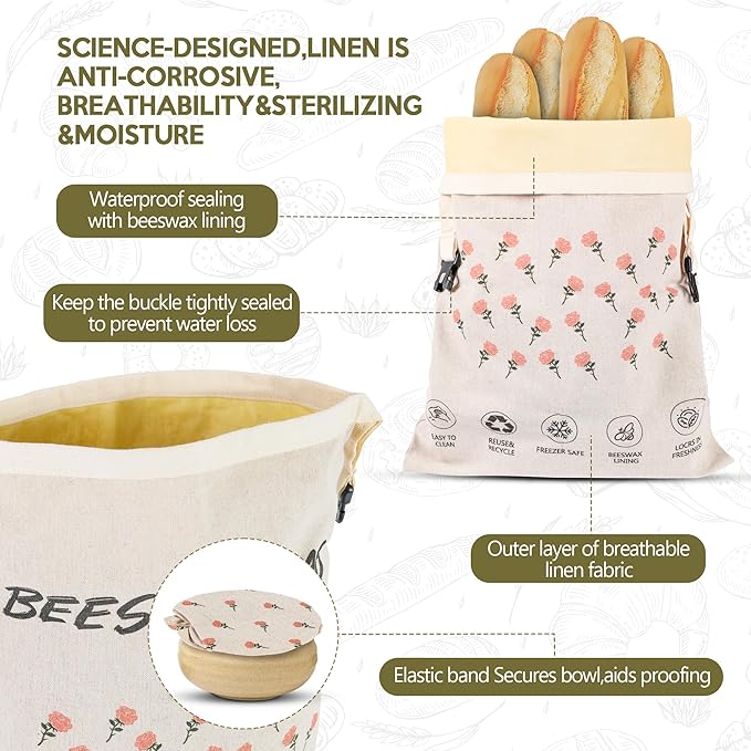 3-Pack Reusable Beeswax Bread Bags for Homemade Bread Sourdough, 2 Natural Beeswax 100% Linen Moisture-proof Lined Storage Bags with Buckle& 1 Bowl Covers –Easy to Clean,Safe,Keeps Bakes Fresh Longer