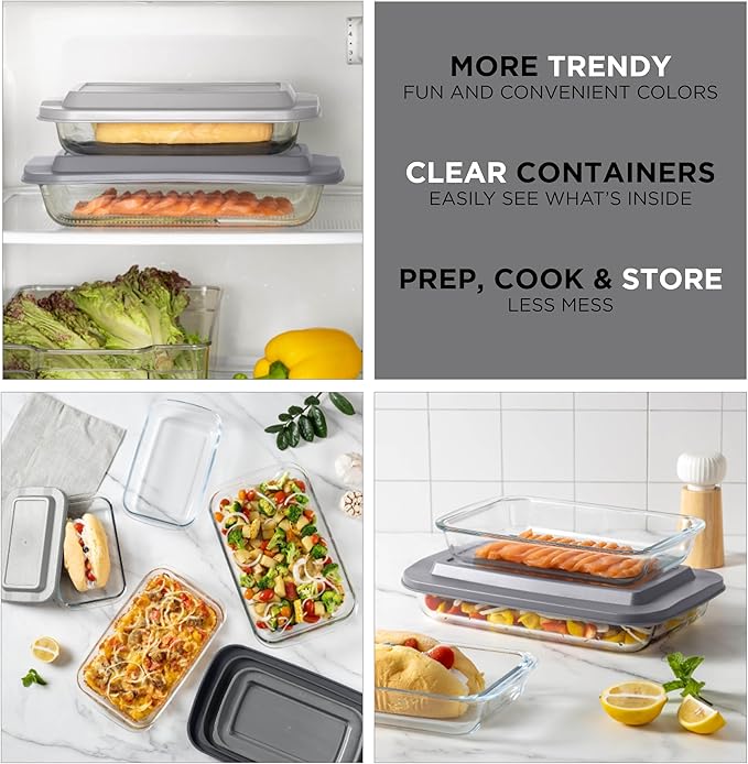 COOK WITH COLOR 8-Piece Deep Glass Baking Dish Set with Plastic Lids – Casserole and Food Storage Containers for Lasagna, Leftovers – Freezer-to-Oven, Microwave & Dishwasher Safe, Grey