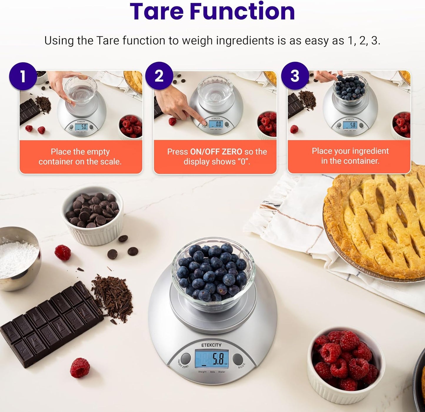 Etekcity Food Kitchen Scale With Bowl, Digital Ounces and Grams for Cooking, Baking, Meal Prep, Dieting, and Weight Loss, 11lb/5kg, Backlit Display