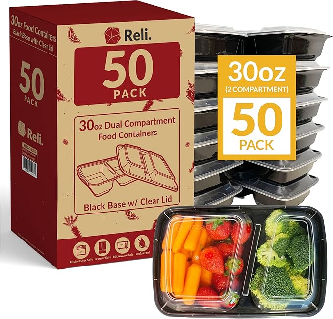 Reli. Meal Prep Containers, 30 oz. (50 Pack) - Black 2 Compartment Food Containers with Lids, Microwavable Food Storage Containers - Black Reusable Bento Box/Lunch Box Containers for Meal Prep (30 oz)