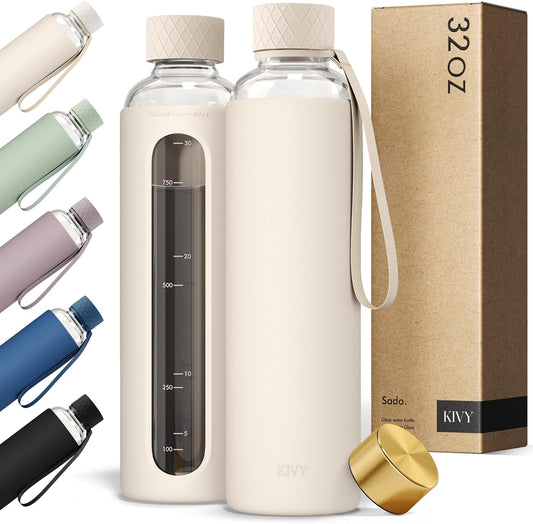 KIVY Glass Water Bottle with Silicone Sleeve 32 oz [WITH MEASUREMENT] - Borosilicate Glass Water Bottle Screw Top - Clear Bottles with Measurement Marking - Slim Waterbottle Aesthetic - Cream White