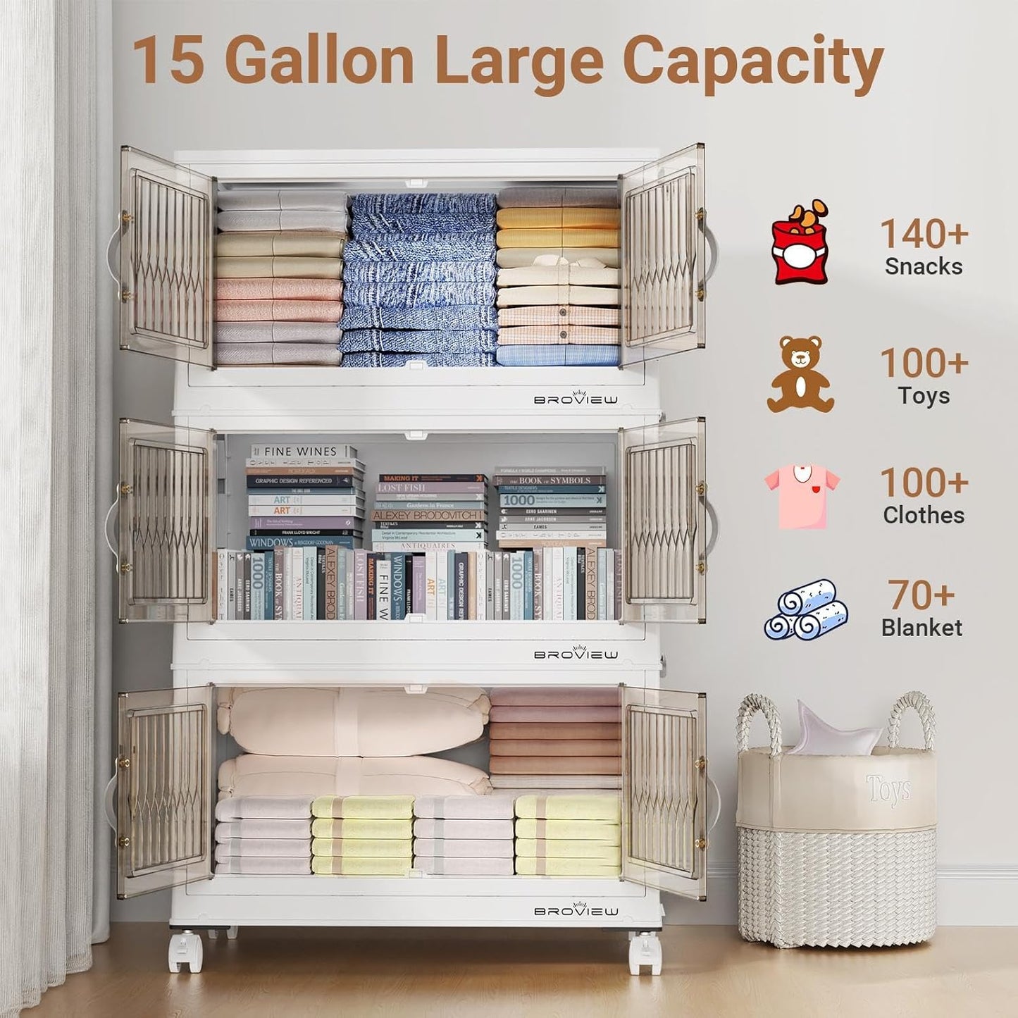 240Qt Stackable Storage Bins with Lid, Extra Large Closet Organizer Collapsible Drawer Boxes with Wheels, Folding Plastic Cabinet Containers for Home Kitchen Room Organization, 4Pack White