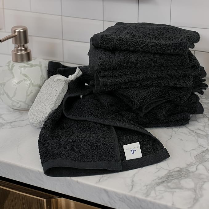 Tens Towels Pack of 12 Washcloths, 12 x 12 Inches, Lighter Weight, Quick to Dry, Super Soft & Absorbent, Gentle Face Towels, Hotel Quality, Perfect for Bathroom, Gym, Spa (Black, 12 Pack)