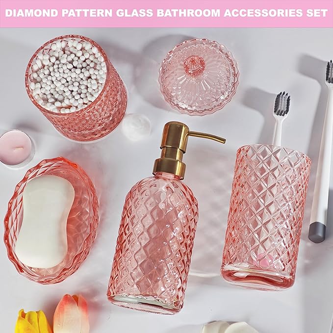 Pink Bathroom Accessories Set, 4Pcs Clear Glass Bathroom Set, Lotion Soap Dispenser, Toothbrush Holder Set, Soap Dish, Qtip Holder for Vintage Crystal Bath Decor, Light Pink