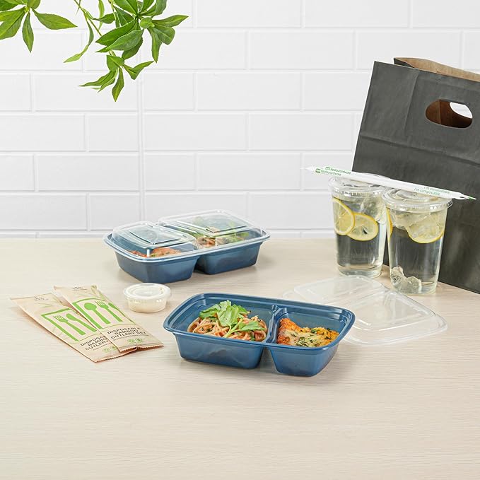 Restaurantware-Asporto 26 Ounce Compartment Take Out Boxes, 100 Microwavable Meal Prep Containers - 2 Compartments, With Clear Plastic Lids, Midnight Blue Plastic Food Containers, Do Not Contain BPA