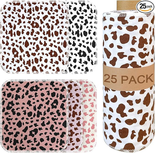 25 Pack Cow Pattern Print Reusable Paper Towels Bulk Washable Cotton Towels for Kitchen Rustic Dish Towel Cloth Hand Towels with Cardboard Roll Napkins Rag Bathroom Supplies(10x12in)