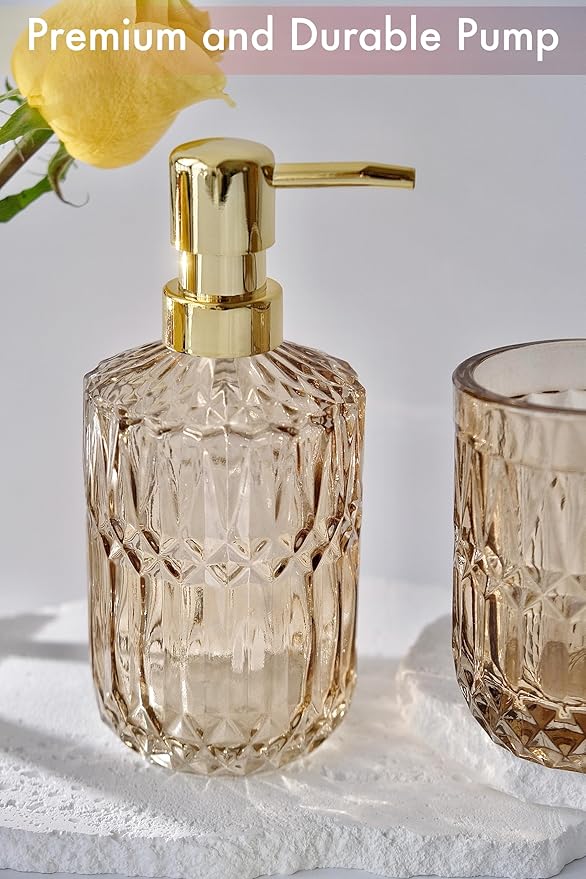 Brown Bathroom Accessories Set, 5Pcs Clear Glass Bathroom Accessories, Lotion Soap Dispenser, Toothbrush Holder Set, Soap Dish, Qtip Holder, Tumbler, Vintage Bathroom Set, Vanity Organizer