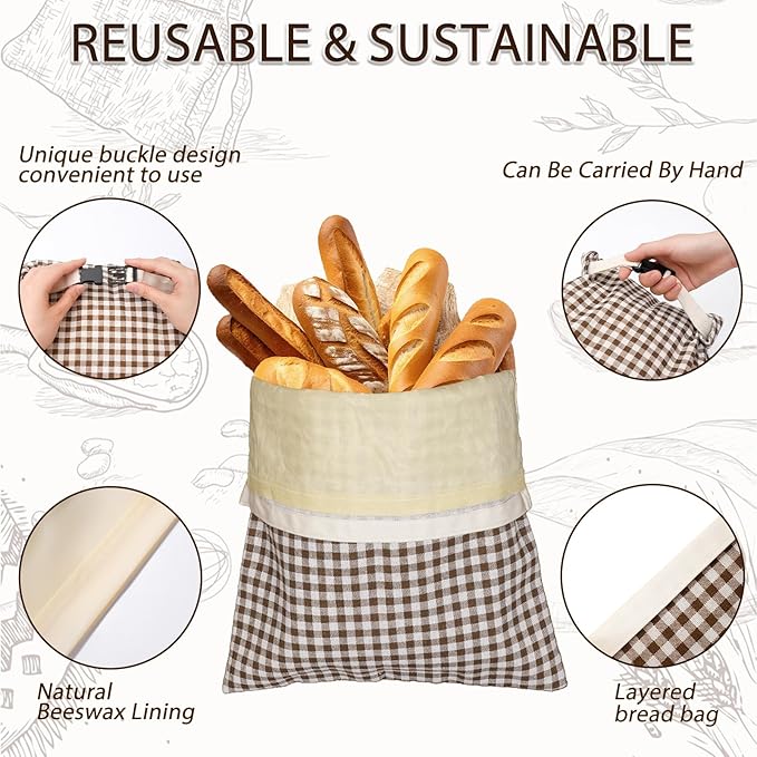 LURKA Beeswax Bread Bags, Reusable Cotton Linen Storage Bags for Sourdough, Extra Large, 2 Pack (B Style)