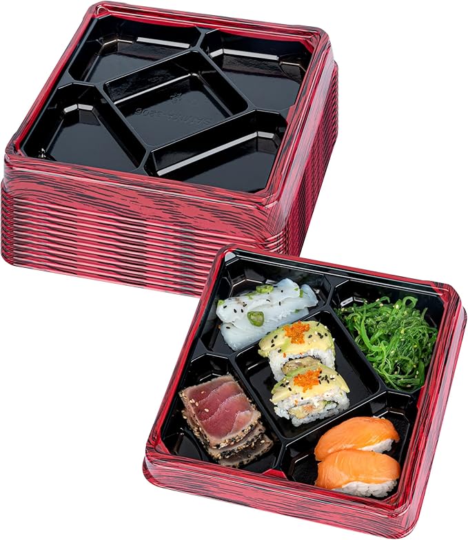 Restaurantware Bento Tek 18.6 Ounce Meal Prep Containers, 100 Disposable To Go Food Boxes - Lids Sold Separately, 5 Compartments, Red And Black Plastic Bento Lunch Boxes, Freezable, For Take Out