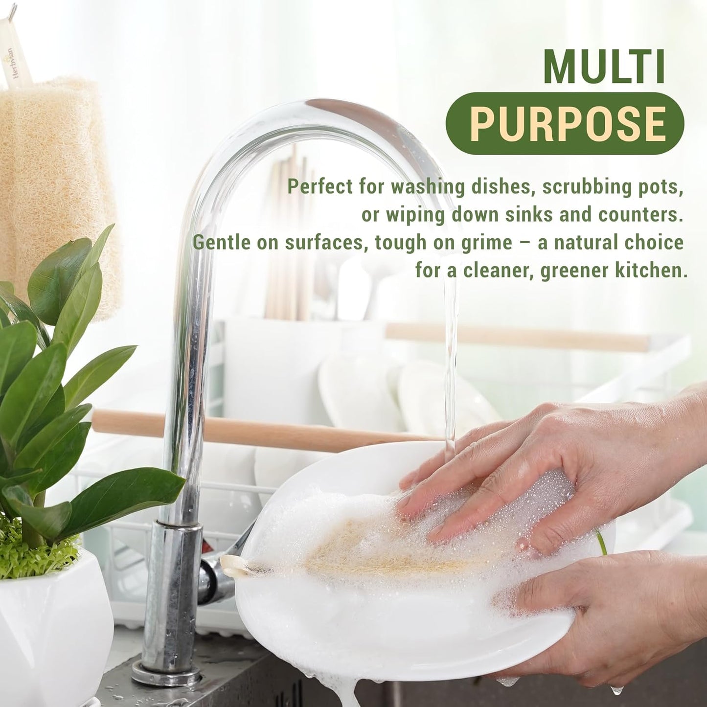 Natural Loofah Kitchen Scrubbing Pads, Vietnamese 100% Plant-Based Luffa, Multi-Purpose Dish Washing Sponges (Pack 4)