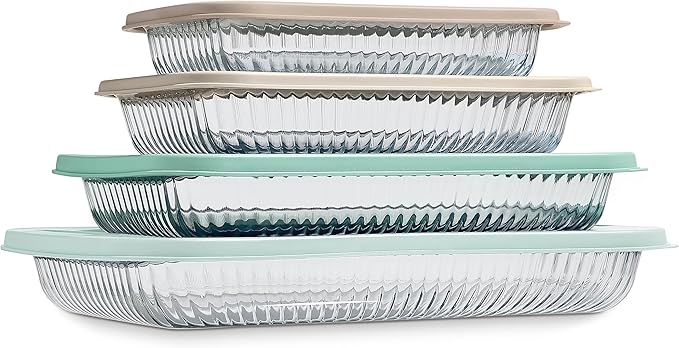 COOK WITH COLOR 8 PC. Glass Baking Dish Set with Lids - Deep Casserole Dish, Glass Food Container, Oven, Freezer and Microwave Safe, Clear Container, Fluted Mint