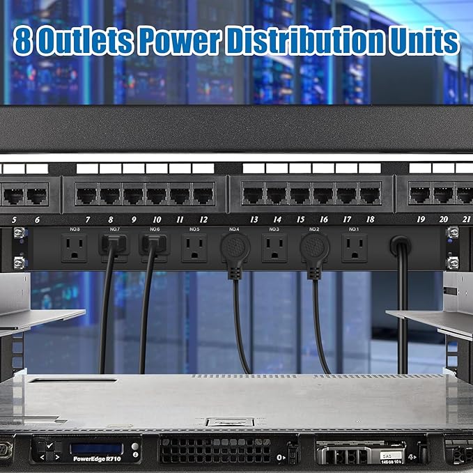 HHSOET 1U Rack Mount Surge Protection, 8 Outlet PDU Power Strip, Metal Mountable Outlet Strip with Switch, 15ft Power Cord.