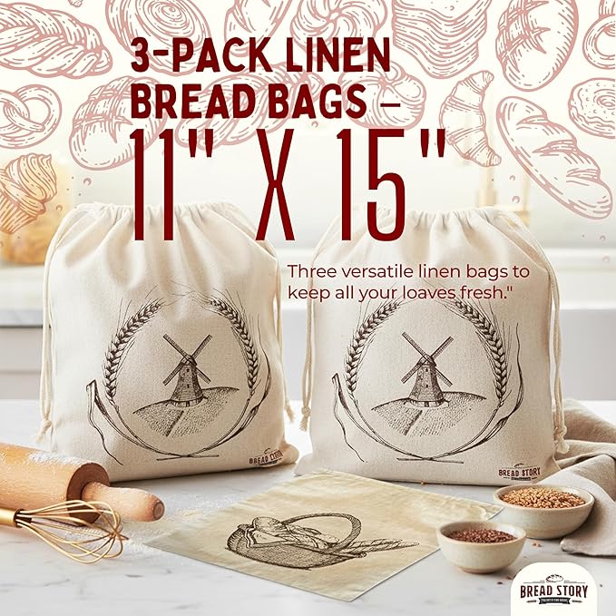 Linen Bread Bag – Reusable Linen Bags for Homemade Bread & Sourdough | Cloth Bags for Sourdough, Artisan Loaves, & Pastries | Unbleached Natural Fabric with Drawstring Closure, 3-Pack, 11 x 15"