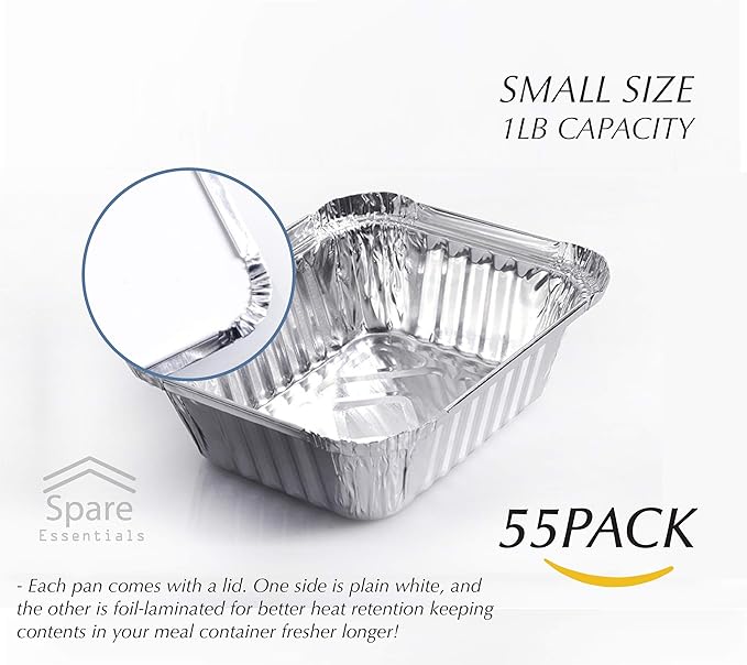 Spare Essentials 55 Pack - Small Foil Pans with Lids - Aluminum To Go Food Containers with Lids - 1lb Mini Aluminum Pans - Freezer Safe Foil Take out Trays - Heat proof Aluminum Meal Prep Containers