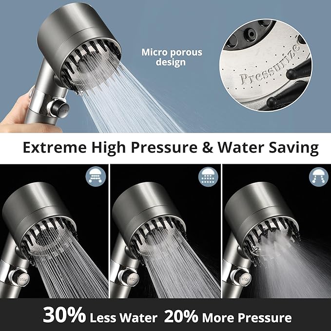 Fitered Shower Head with Handheld for Hard Water, High Pressure Handheld Shower Heads with On Off Switch, Showerhead with Long Hose(Gun Grey,2 Filters)