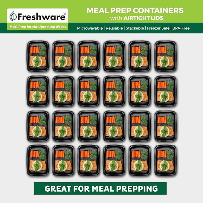 Freshware Meal Prep Containers [50 Pack] 1 Compartment with Lids, Food Storage Containers, Bento Box, BPA Free, Stackable, Microwave/Dishwasher/Freezer Safe (24 oz)