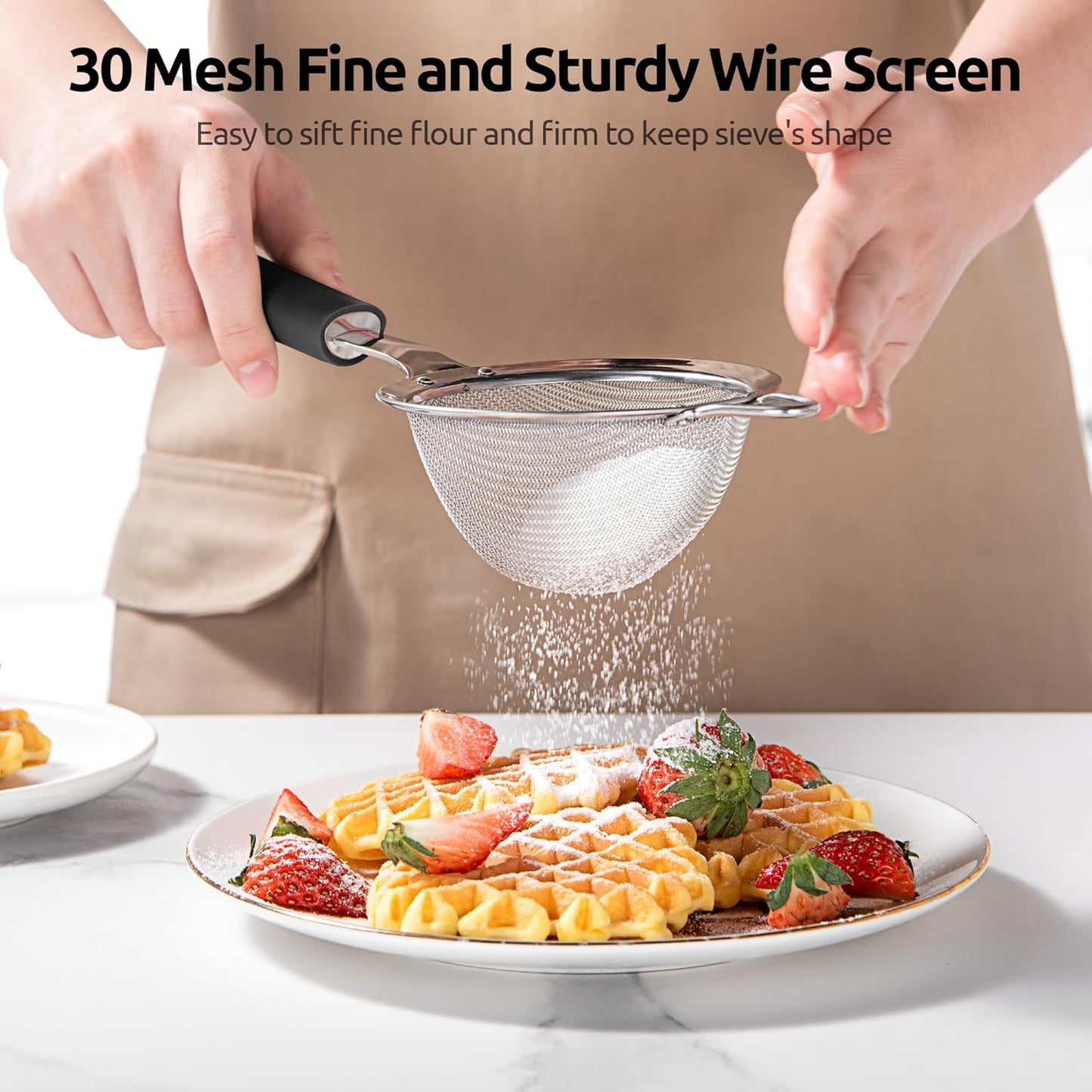 U-Taste Small Fine Mesh Strainer: 18/8 Stainless Steel 3.35in 30 Mesh Kitchen Food Sieve with Sturdy Riveted Silicone Handle, Heavy Duty Deep Handheld Metal Colander for Tea, Juice (Black)