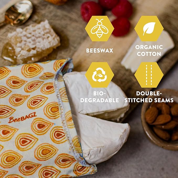 Beeswax Wrap Storage Bag, Reusable Food Storage Bags, Pack of 6, Plastic Free Biodegradable Food Wrap Alternative, Family Pack, 3 Small + 2 Medium + 1 Large, (Orange)