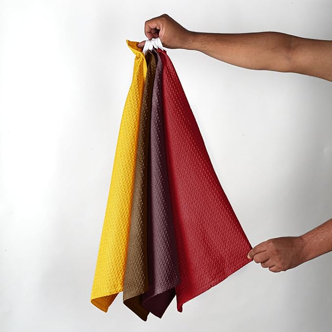 Multicolor Waffle Kitchen Towels, 16"x26", Soft, Absorbent, Durable, Quick Drying, Reusable, 100% Cotton, Ideal for Kitchen Cleaning, Drying Dishes, Set of 4, Brown, Maroon, Red, Yellow