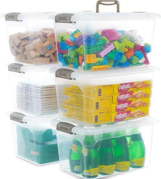 Citylife 6 Packs 13.7 QT Storage Bins with Lids Clear Plastic Bins with Grey Handle Stackable Storage Containers for Organizing