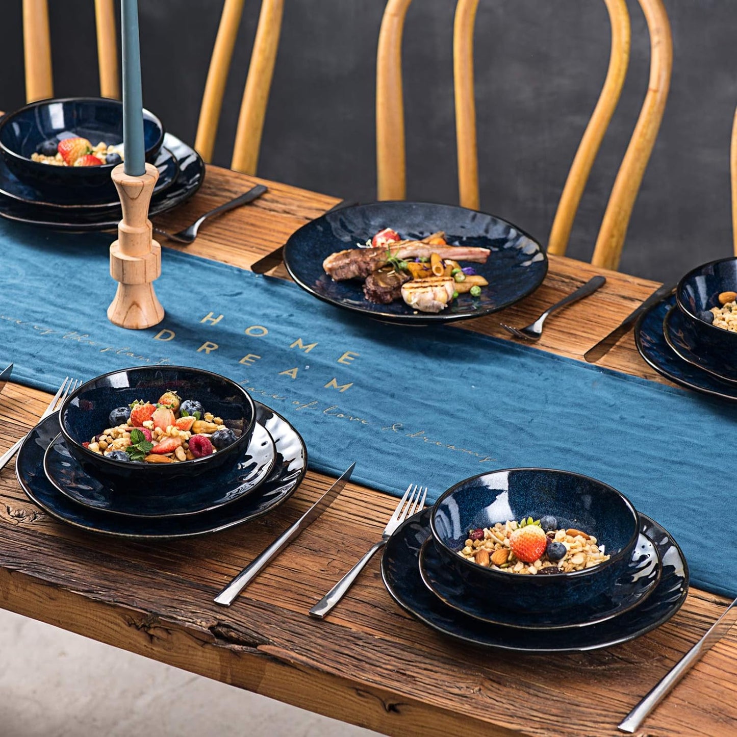 vicrays Ceramic Salad Bowls Set for Kitchen, Serving - 32 Ounce Soup Bowls, Pasta Bowls, Chip Resistant, Dishwasher Microwave Safe, Large, Fluted, stoneware, Set of 6 (Blue)