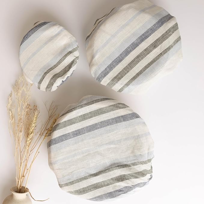 100% Linen Bowl Covers Reusable For Bread Proofing, 4 Pcs Elastic Cloth Fabric Colorful Stripe Bowl Covers, 5.9 * 7.9 * 9.8 * 11.8 Inches, Colorful 2
