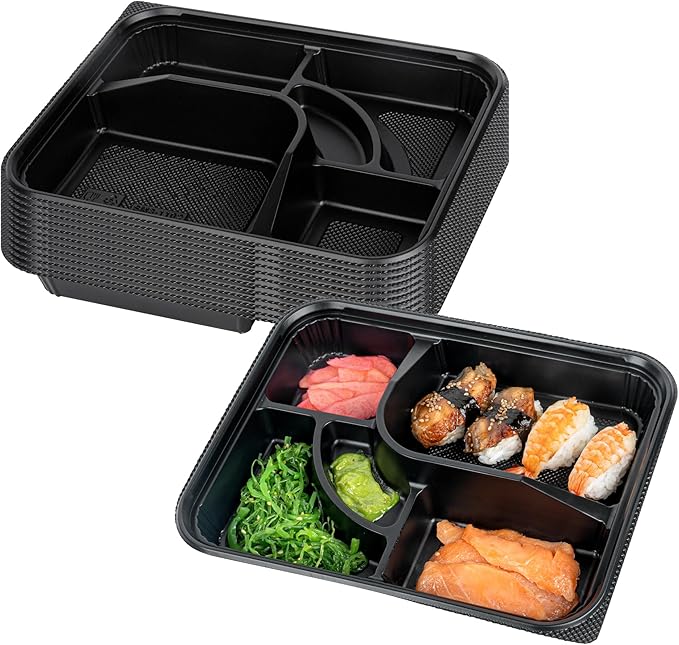 Restaurantware-Bento Tek 26.2 Ounce Meal Prep Containers, 50 Disposable To Go Food Boxes - Lids Sold Separately, 5 Compartments, Black Plastic Bento Lunch Boxes, Microwavable, Freezable