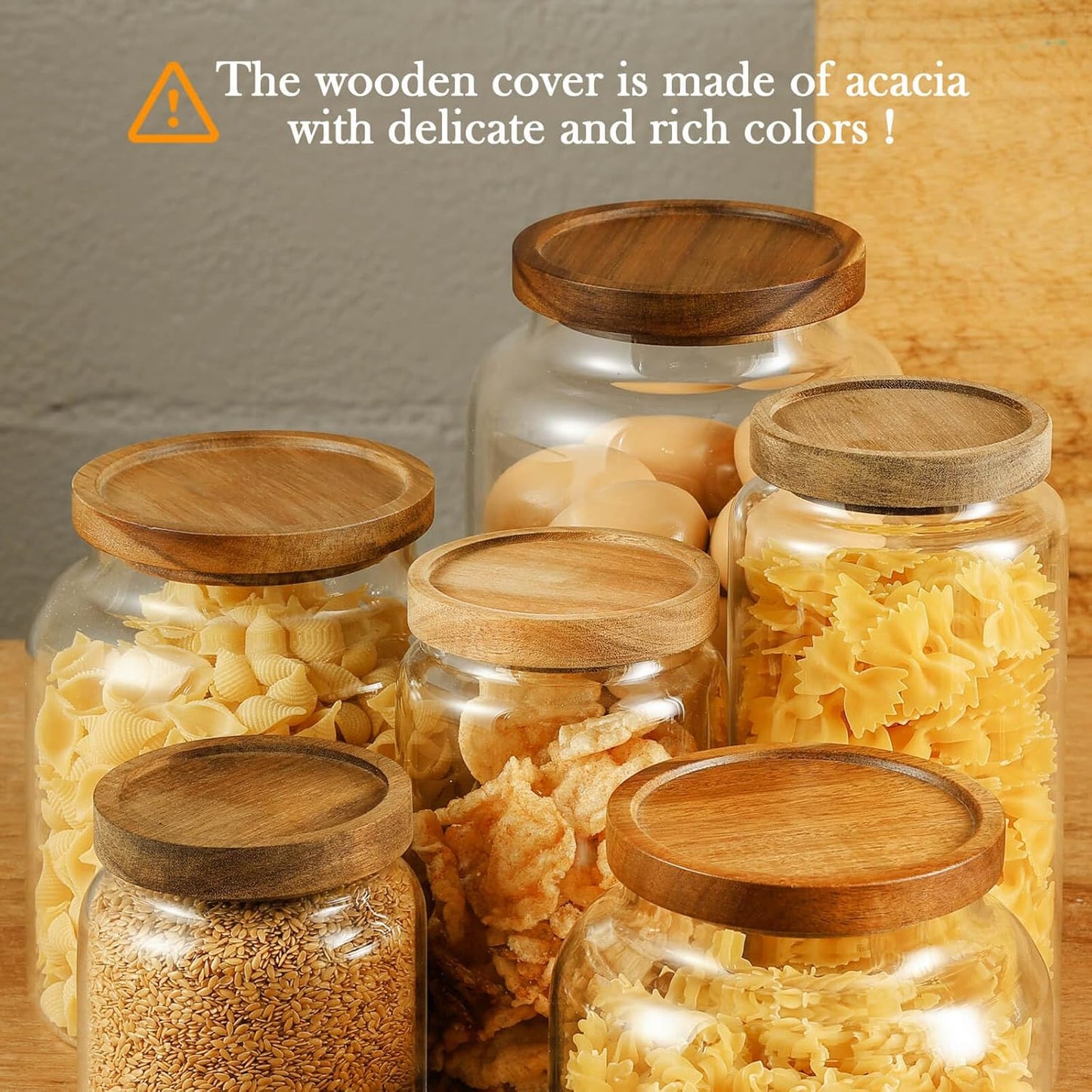 Labina Glass Storage Container Airtight Food Jars Kitchen Canister with Wood Lids, 47 Oz Wide Mouth Pantry Organization Glass Jar for Flour, Sugar, Cookie, Spagetti, Nuts and Candy