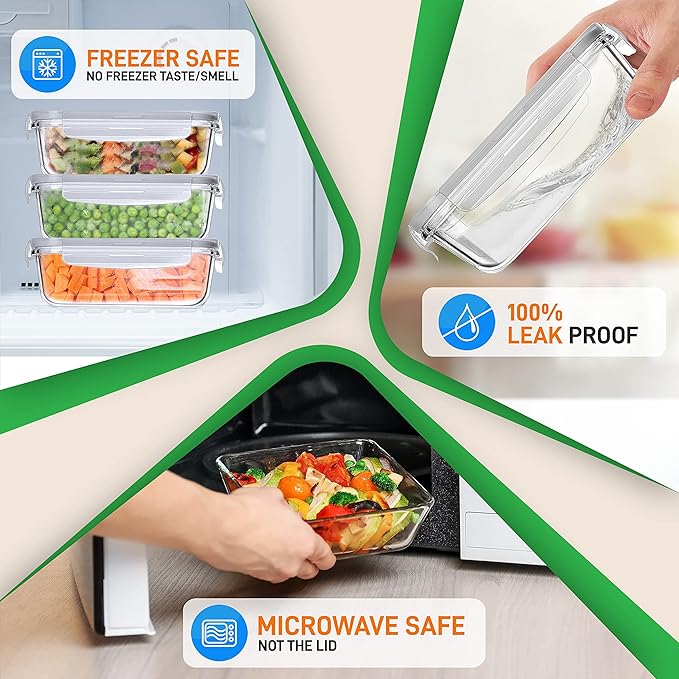 NutriChef 10-Piece Superior Glass Food Storage Containers Set (5 Containers + 5 Locking Lids),Stackable Meal-prep Design, BPA-free Airtight Clear Locking lids with Vent Lids & Air Hole, Gray