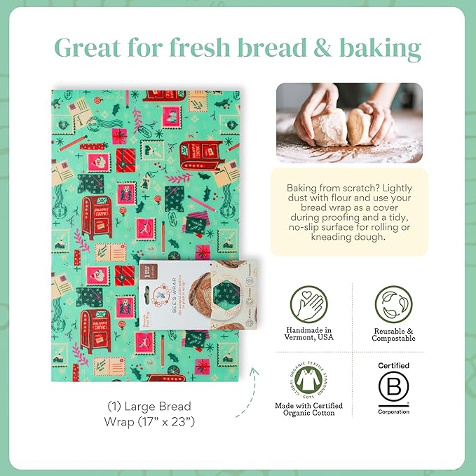 Bee's Wrap Beeswax Wraps for Food - Seasons Greetings Bread Wrap - Made in USA Reusable Bread Storage Bags - Organic & Eco-Friendly Alternative to Aluminum Foil, Sourdough Bags & Plastic Wrap